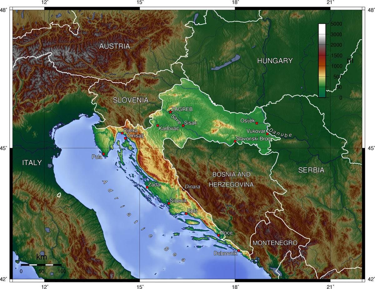 نقشہ کروشیا کے topographic
